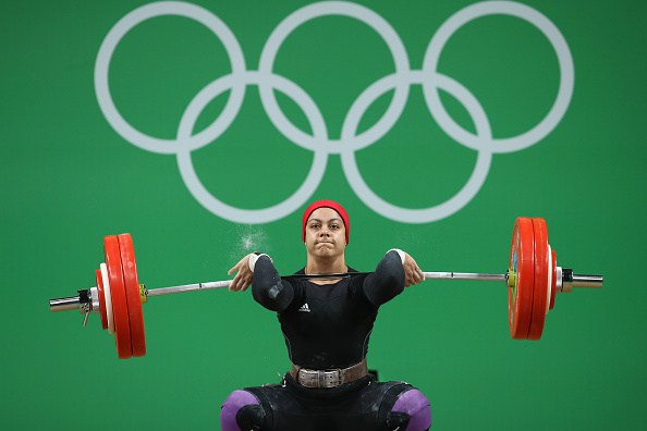 during the Women's 69kg Group A weightlifting contest on Day 5 of the Rio 2016 Olympic Games at Riocentro - Pavilion 2 on August 10, 2016 in Rio de Janeiro, Brazil.